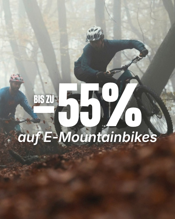 Zwei Mountainbiker mit Helm fahren auf E-Mountainbikes durch einen nebligen Wald. Werbetext: „Bis zu -55 % auf E-Mountainbikes“.