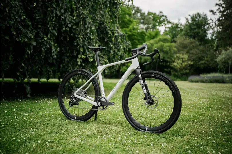 Ein weißes Ternion Gravelbike steht auf grünem Rasen mit Blumen vor einem dichten Laubbaum.