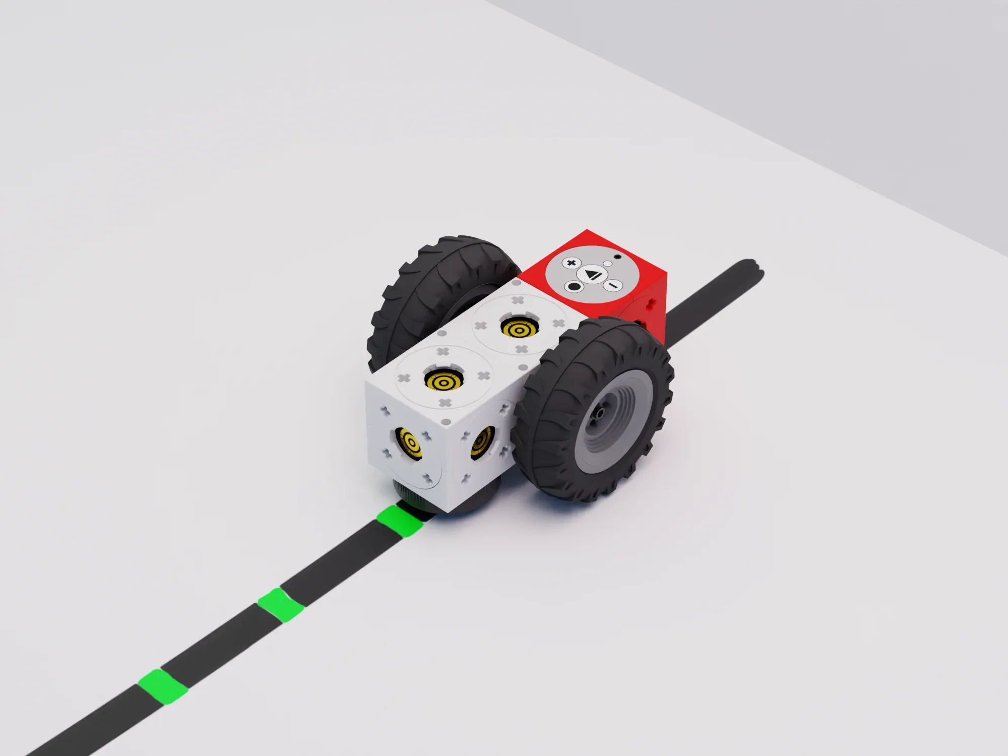 The modular educational robot eXperiBot stands on a black line directly ...