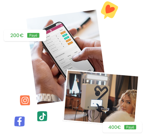 A complex, high-quality composite promotional graphic on a white background. In the center, a photo shows a phone being held. The phone is displaying the affiliate dashboard with various statuses like 'Bestätigt' (Confirmed) and 'Ausstehend' (Pending). Two payment status badges are shown, '200€ Bezahlt' (Paid) in the top left and '400€ Bezahlt' (Paid) in the bottom right of the composition. An inset photo shows a woman using a white KRUU photo booth, with a bright flash activated. A promotional graphic for 'GRATIS KRUU HOCHZEITSPLANER DOWNLOADEN' (Free Wedding Planner Download) is displayed to the right of the composition. Several social media icons (Instagram, Facebook, TikTok) and a heart-shaped chat bubble doodle are also included.