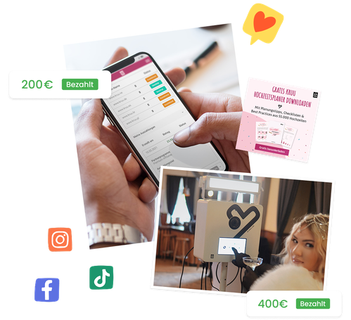A collage showing a person holding a smartphone with the KRUU partner dashboard, a photo booth at a wedding with a bride, and various social media icons (Instagram, TikTok, Facebook). Floating elements show "200€ Paid" and a "Free Wedding Planner Download" flyer.