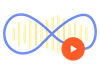 Graphic illustration of a blue infinity loop over a yellow audio sound wave pattern, featuring a circular orange play button.