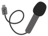 Illustration of a grey KRUU microphone with a black foam windscreen, connected to a looping black cable with a USB plug.