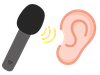 Illustration of a microphone emitting yellow sound waves toward a human ear, symbolizing listening to audio recordings.