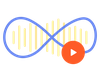 Graphic illustration of a blue infinity loop over a yellow audio sound wave pattern, featuring a circular orange play button.