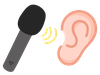 Illustration of a microphone emitting yellow sound waves toward a human ear, symbolizing listening to audio recordings.