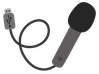 Illustration of a grey KRUU microphone with a black foam windscreen, connected to a looping black cable with a USB plug.