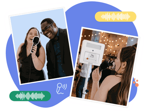 People laughing and speaking into a microphone in front of a KRUU Photo Booth.