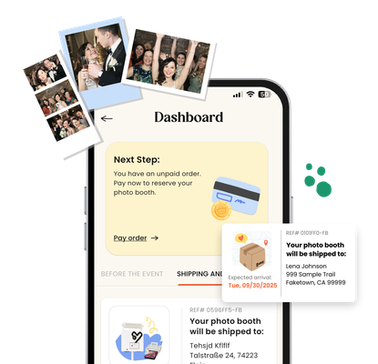A high-quality composite promotional graphic featuring a smartphone displaying the KRUU app's "Dashboard." The screen shows order management sections, including a yellow "Next Step" card for an unpaid order and a detailed shipping status card for a photo booth delivery to a sample address in Faketown, CA. Floating in the top left corner is a fan of two Polaroid-style photos and one photostrip featuring three photos, showing guests and the couple enjoying a wedding and a party. Minimalist green circle doodles add a modern touch to the right.