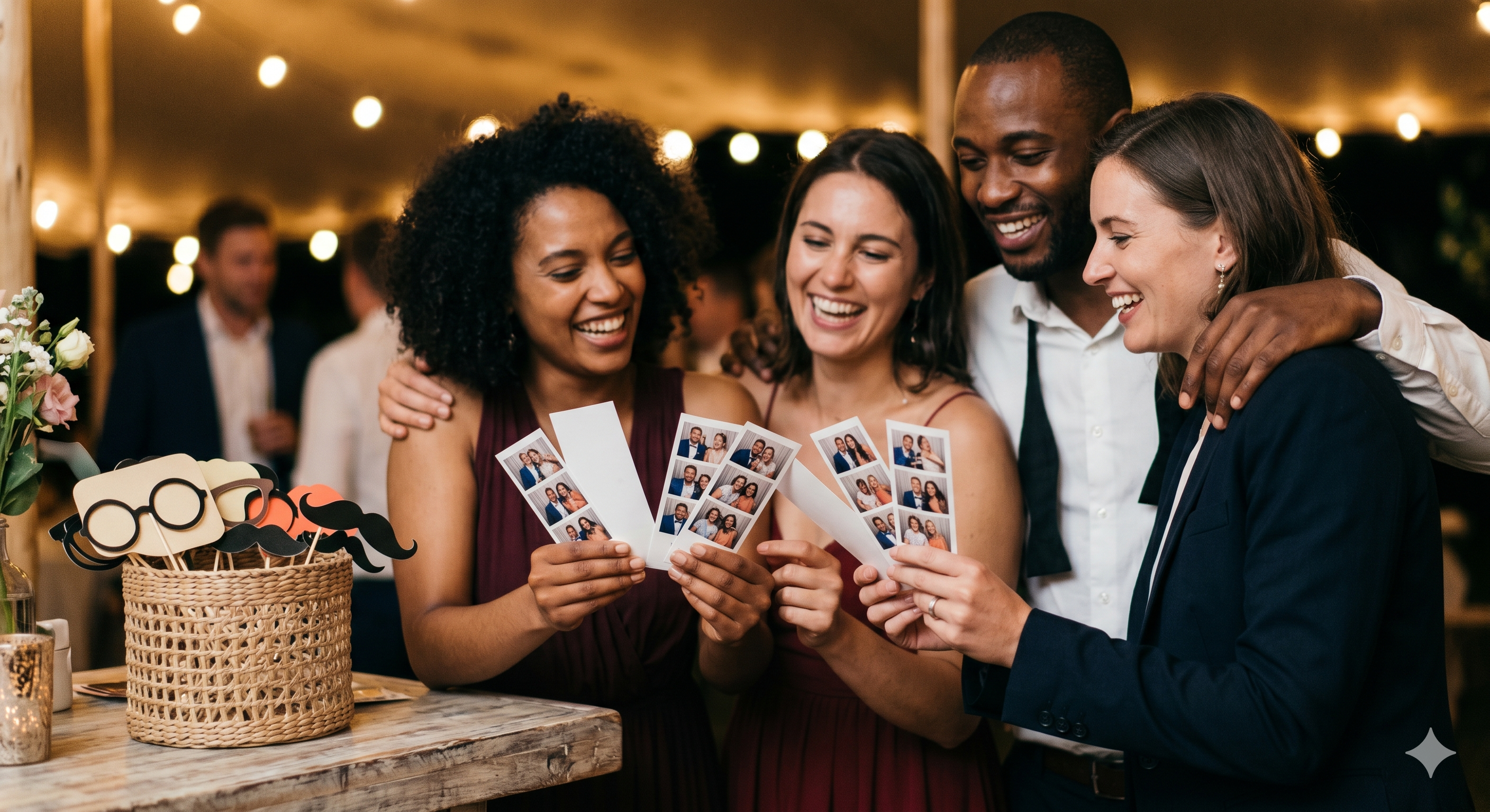 Four happy friends smiling and laughing together at an evening event while holding up freshly printed KRUU Photo Booth film strips. In the foreground, a woven basket on a rustic wooden table is filled with fun photo props on sticks.