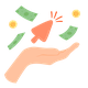 A flat-style illustration that shows a hand held open, palm up. Floating above the hand is a large, orange computer cursor arrow pointing upwards, accented with small red lines. Surrounding the cursor are three green banknotes and two gold coins featuring shopping basket icons, all appearing to fall into the open hand.