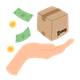 A flat-style illustration that shows a hand held open, palm up with a brown cardboard shipping box floating just above it. The box is sealed with brown tape and features the black "KRUU.com" logo on the side. To the left of the box, two green banknotes and two gold coins with shopping basket icons are floating in the air, appearing to fall toward the hand.