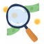 A flat-style illustration that shows a large magnifying glass with a dark blue frame and a light brown handle that is positioned centrally, tilted diagonally. Through the lens of the magnifying glass, floating green banknotes and gold coins with shopping basket icons are visible, with one coin being magnified in the center.