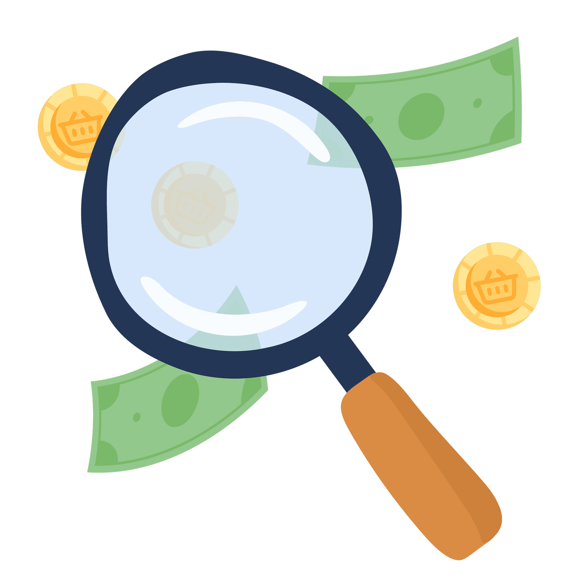 A flat-style illustration that shows a large magnifying glass with a dark blue frame and a light brown handle that is positioned centrally, tilted diagonally. Through the lens of the magnifying glass, floating green banknotes and gold coins with shopping basket icons are visible, with one coin being magnified in the center.