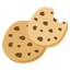 A simple, flat-style illustration of two overlapping round chocolate chip cookies. The cookies are golden-brown with dark brown chocolate chunks. The cookie in the background is whole, while the one in front of it has a large bite taken out of the top right corner.