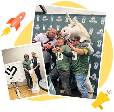 A cheerful collage featuring a group of men posing with a white unicorn mascot in front of a "Unicorns" backdrop, and two men standing next to a KRUU Photo Booth. Decorative icons include a rocket and a megaphone.