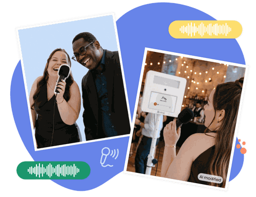 Een grafische collage met twee foto’s in polaroidstijl tegen een blauwe decoratieve achtergrond met kleurrijke geluidsgolfpictogrammen. Op de linkerfoto houden een lachende man en vrouw samen een microfoon vast. Op de rechterfoto spreekt een vrouw, gezien van achteren, in een handmicrofoon richting een witte KRUU Photobooth op een statief tijdens een evenement met lichtslingers. In de rechteronderhoek van de tweede foto zie je een watermerk met de tekst ‘AI modified’.