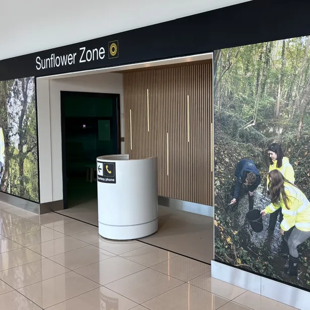 Entrance to "Sunflower Zone" with a small white counter and wall displays showing people exploring a forest.