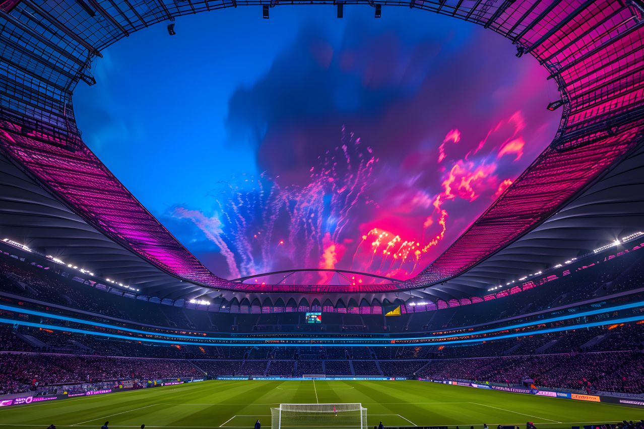 Euro 2024 stadium fireworks blue and purple sky