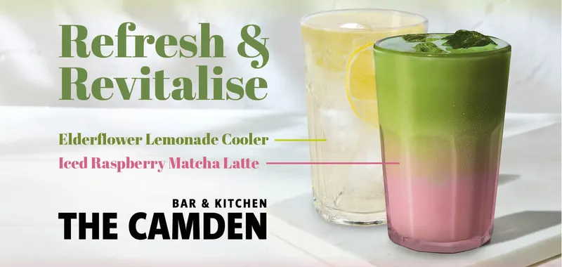 Two refreshing drinks, an Elderflower Lemonade Cooler and an Iced Raspberry Matcha Latte, on a white surface. Text reads "Refresh & Revitalise."