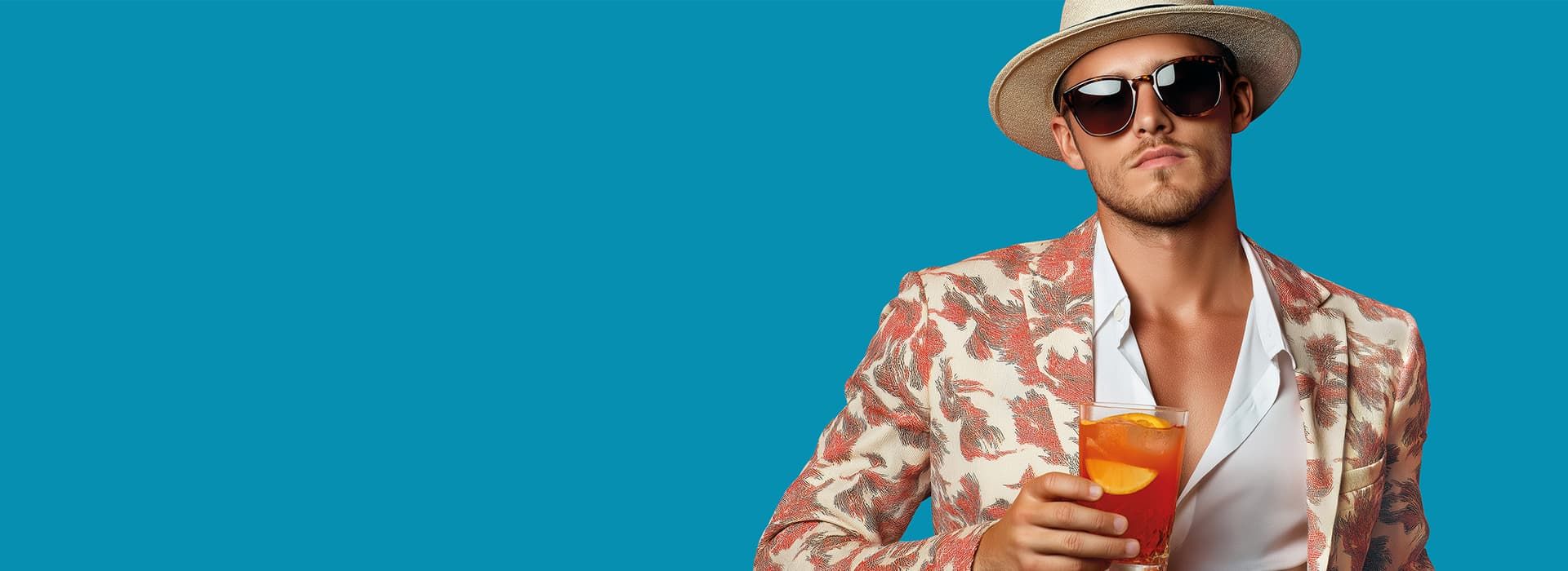 Man in a patterned suit and hat, wearing sunglasses, holding a cocktail with citrus slices against a blue background.