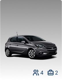 Dark grey car that holds 4 passengers and 2 suitcases