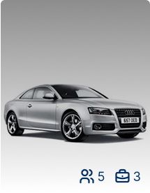 Silver car that holds 5 passengers and 3 suitcases