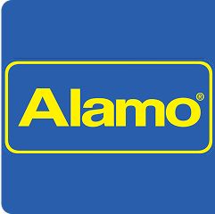 Blue background with yellow text that says Alamo