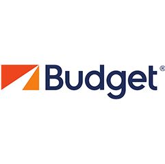 Logo that says budget with orange triangle icon