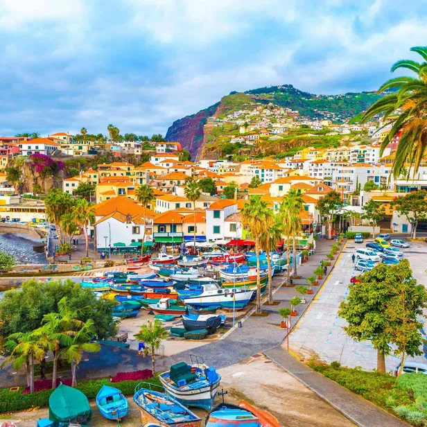 Scenic coastal village with colorful boats, palm trees, and hillside houses under a cloudy sky along a vibrant, turquoise seashore.