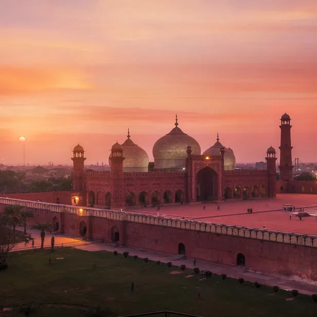 A large mosque with three domes at sunset, surrounded by tall minarets and an expansive courtyard, silhouetted against a vibrant orange sky.