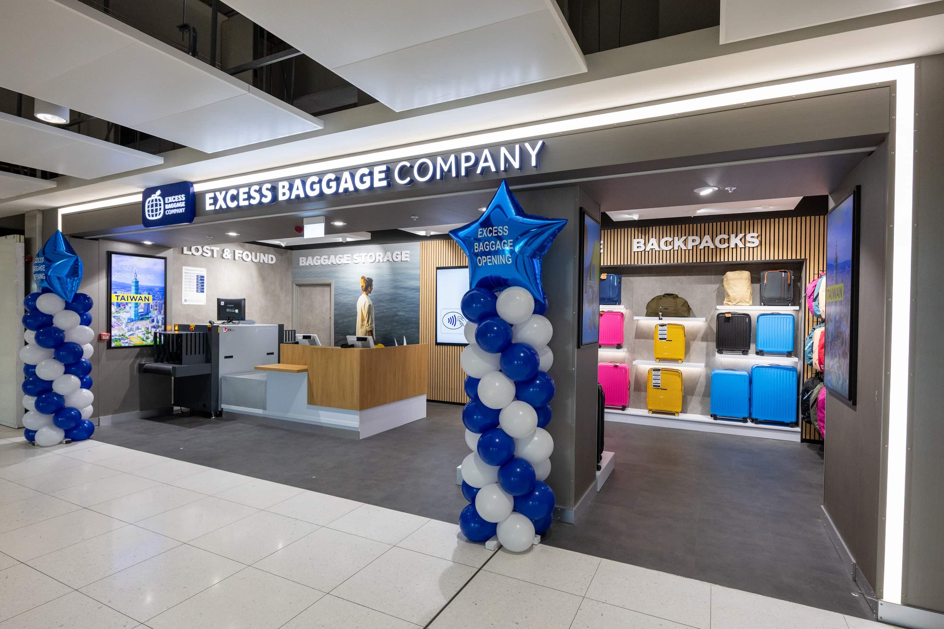 Excess Baggage Company store with a Lost & Found, baggage storage, colourful backpacks.