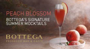 Peach Blossom mocktail in a tall glass with peach garnish, set on a table with whole peaches. Text: "Bottega's Signature Summer Mocktails."