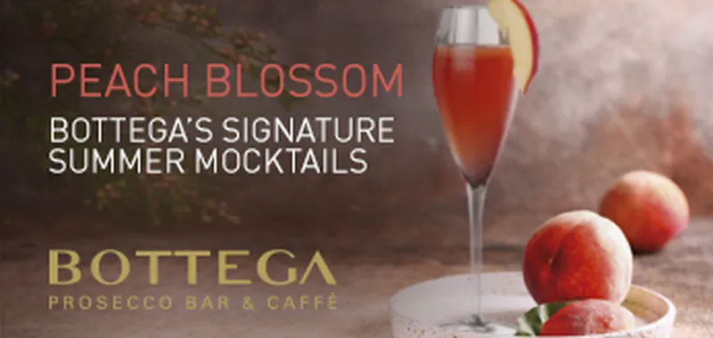 Peach Blossom mocktail in a tall glass with peach garnish, set on a table with whole peaches. Text: "Bottega's Signature Summer Mocktails."