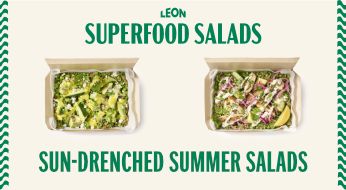 Two boxes of vibrant, fresh salads with greens and toppings, titled "LEON Superfood Salads" and "Sun-Drenched Summer Salads."