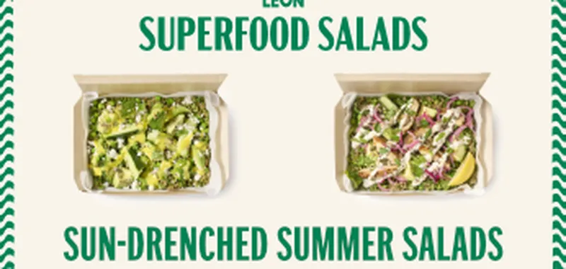 Two boxes of vibrant, fresh salads with greens and toppings, titled "LEON Superfood Salads" and "Sun-Drenched Summer Salads."