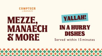 Text promoting Lebanese dishes: "Mezze, Manaech & More. Yallah! In a Hurry Dishes served within 15 minutes." Decorative floral pattern below.