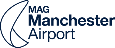 Logo of Manchester Airport Group with a stylized blue crescent shape beside the text "MAG Manchester Airport" in blue font.