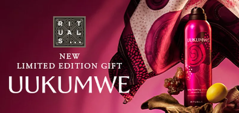 Advertisement for a limited edition gift set by Rituals featuring a Uukumwe product, a patterned cloth, and decorative lemons on a pink background.