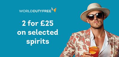 Man in a hat holding a drink, next to text: "WORLD DUTY FREE. 2 for £25 on selected spirits."