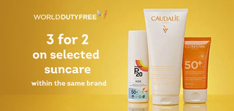 Promotional image for World Duty Free offering a "3 for 2" deal on selected suncare products from Caudalie and Clarins.
