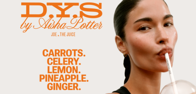 Woman sipping a drink with "D.Y.S by Aisha Potter" text. Ingredients listed: carrots, celery, lemon, pineapple, ginger.
