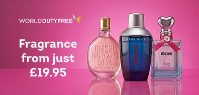 Three perfume bottles against a pink background with text: "Fragrance from just £19.95" and "WORLD DUTY FREE."