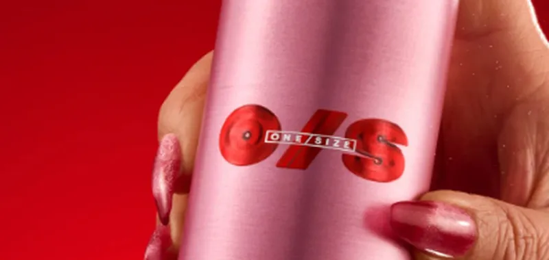 A hand with red and pink nails holds a pink bottle against a red background, labelled "O/S ONE/SIZE" in bold red letters.