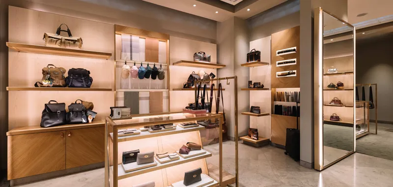 Luxury boutique interior featuring handbags, wallets, and accessories displayed on wooden shelves and a glass case, with soft lighting.
