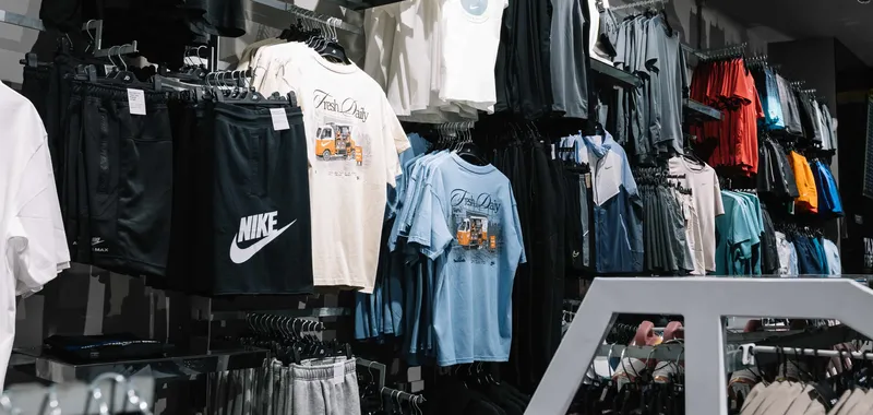 Clothing store display featuring sportswear, including Nike shorts, graphic tees, and various activewear in monochrome and vibrant colours.