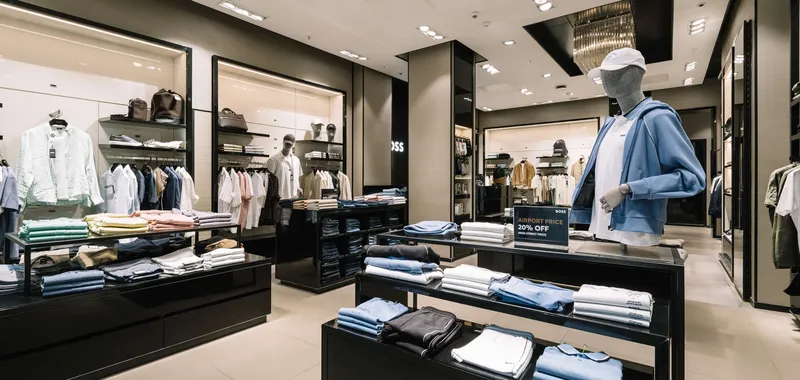 Clothing store interior with neat racks of folded clothes, a mannequin in a blue jacket, and a sign advertising a 20% discount.