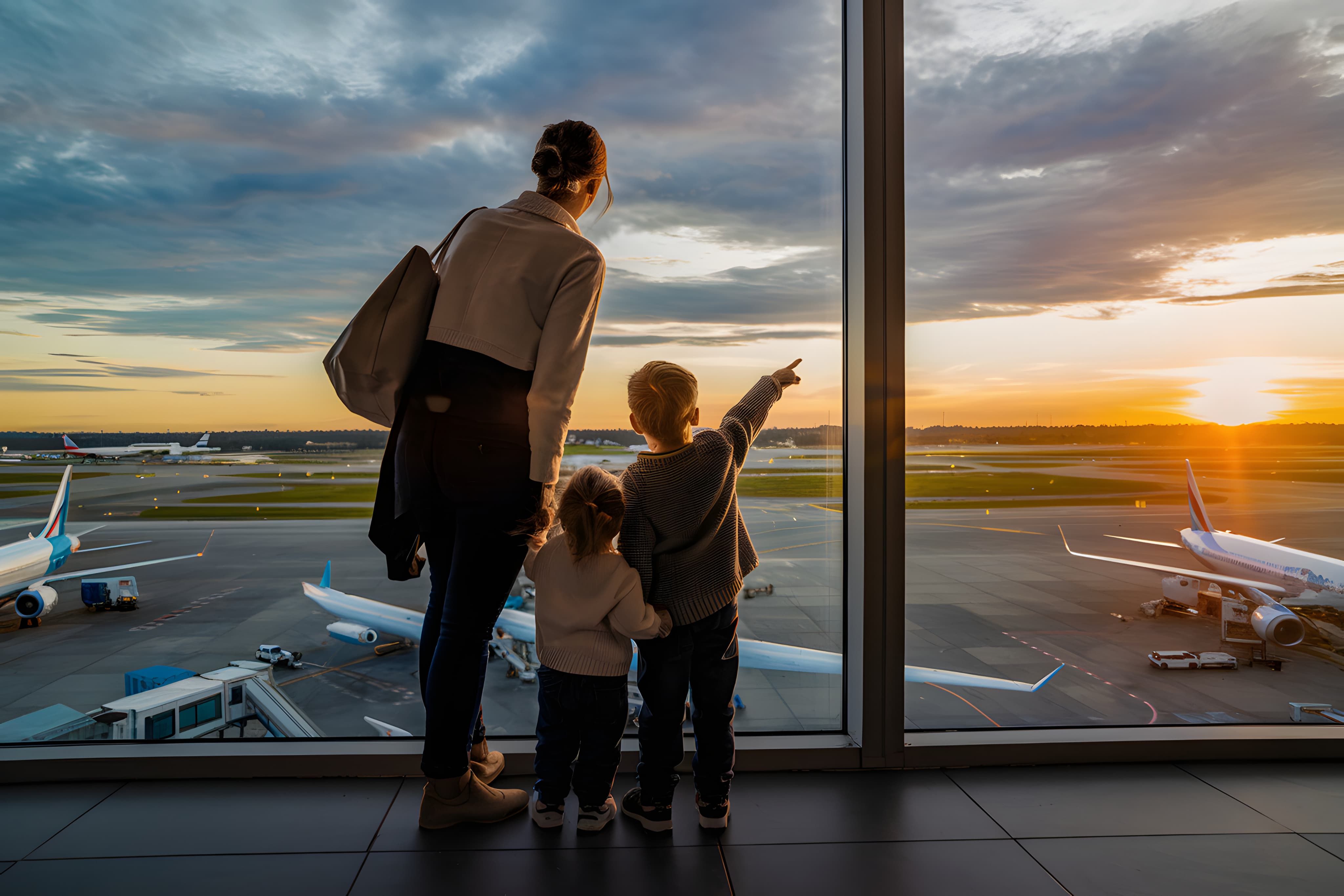 A woman and two children stand at an airport window, watching planes on the tarmac during a sunset.