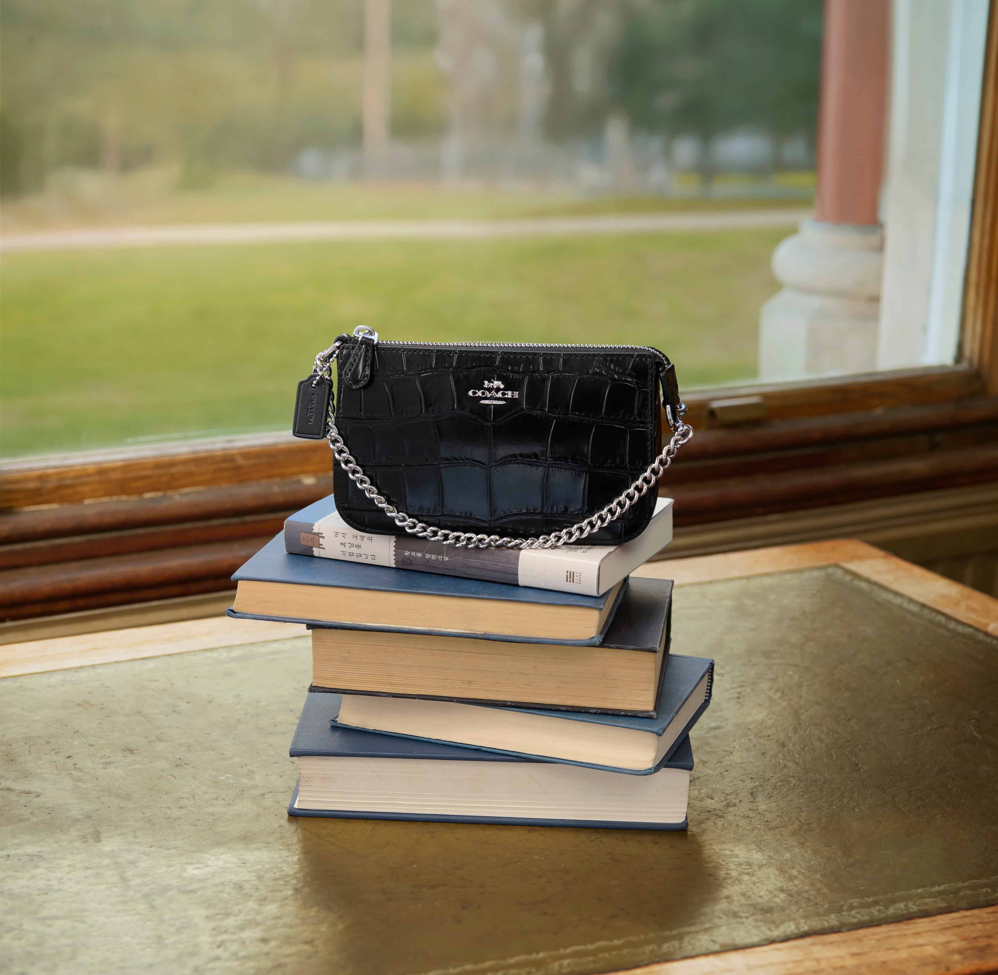 A black textured handbag with a chain strap rests on a stack of books on a table, with a window view of a grassy field in the background.