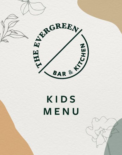 Stylish kids menu cover for "The Evergreen Bar & Kitchen" with floral outlines and earthy tones.
